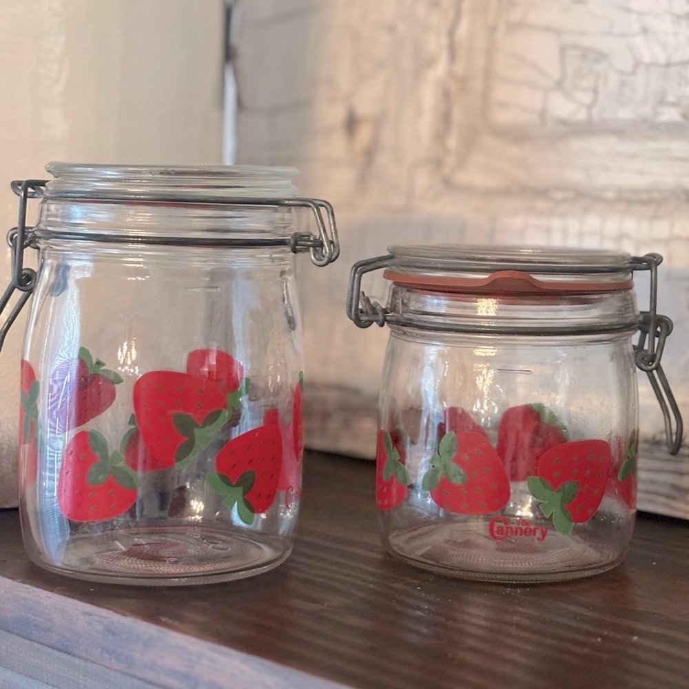 2 Vintage Strawberry Glass Storage Jars. 3/4 and 1/2. Stamped The Cannery. EUC